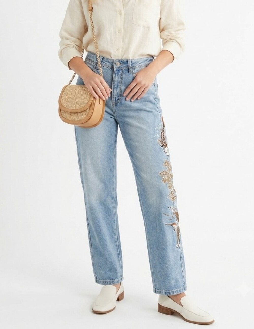Ninth Hall Embroidered Koi Fish & Chrysanthemum Jeans Women's Size 6 Blue Denim